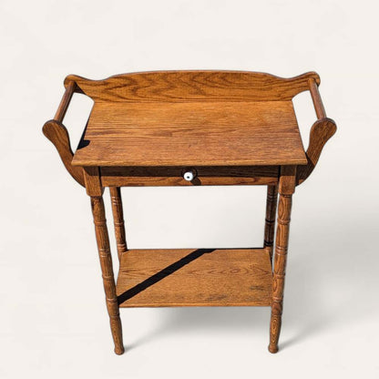 Antique Oak Washstand – 19th Century Early American Style Table w/ Towel Rack & Shelf, Farmhouse Accent