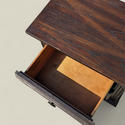 1970s Spanish Gothic Revival Carved Wood Nightstand with Brass Hardware — view 6 of 13