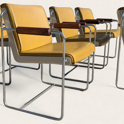 Set of 8 Vintage Krueger Armchairs – 1970s Office Chairs w/ Yellow Seats, Chrome Frames & Wood Arms, MCM Industrial