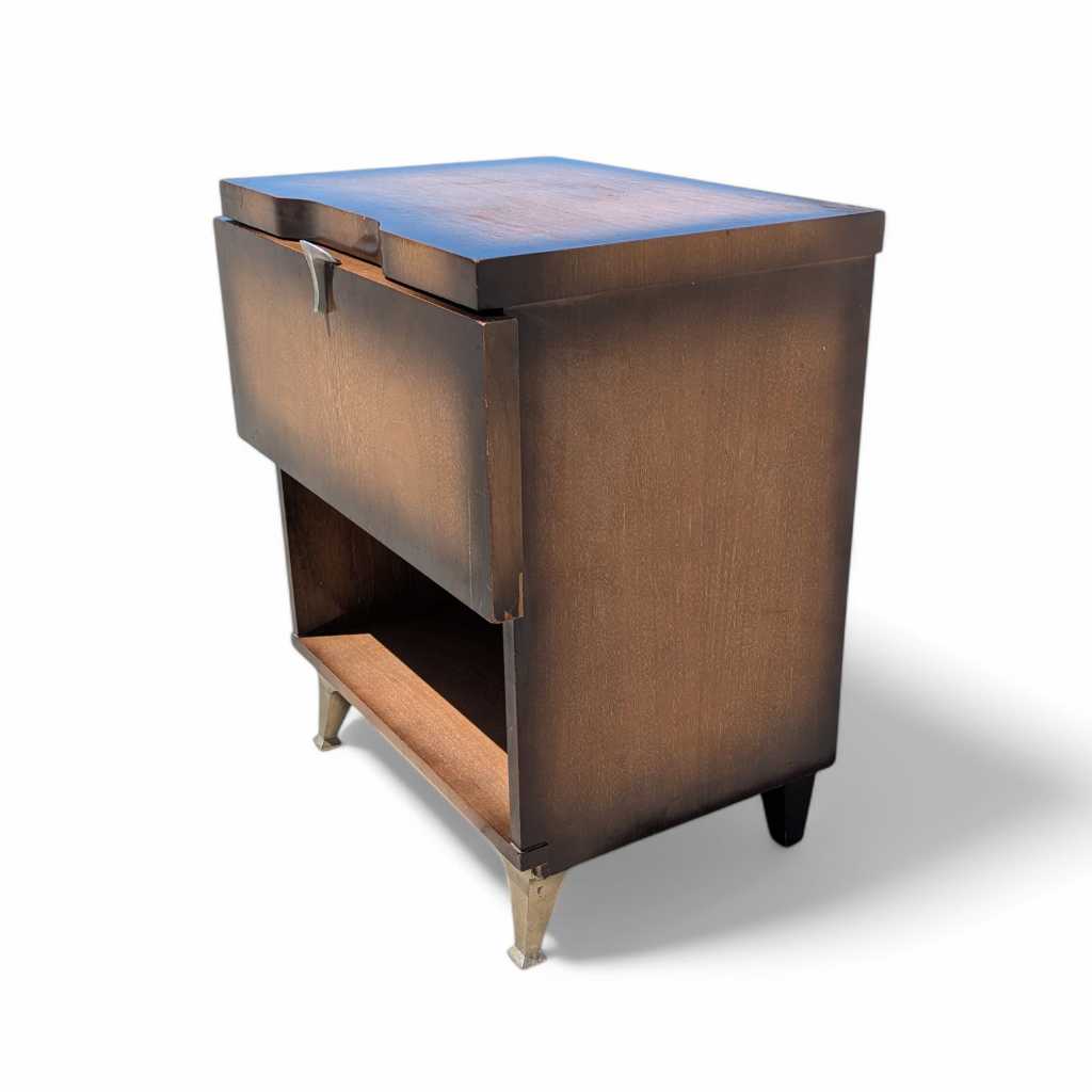 Vintage Atomic Nightstand – Mid Century Drop-Front Side Table, Tapered Metal Legs, 1950s Modern Design, 27" High