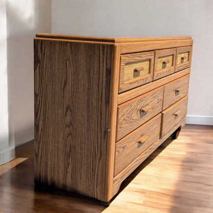 Vintage Laminate Dresser – Faux Oak Grain, Rattan Drawer Fronts, 6-Drawer Storage, 64" Long, 1980s Postmodern Style