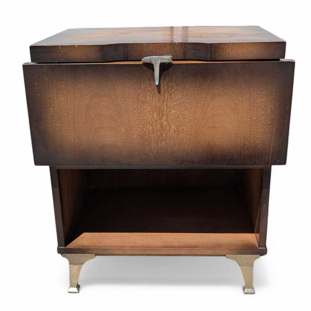 Vintage Atomic Nightstand – Mid Century Drop-Front Side Table, Tapered Metal Legs, 1950s Modern Design, 27" High