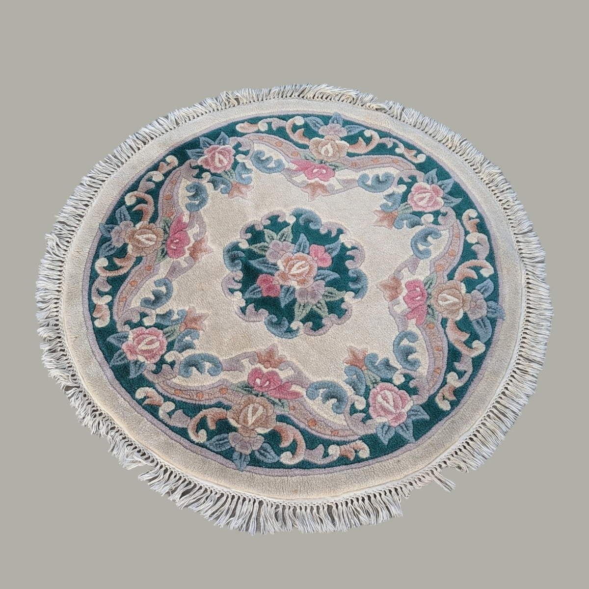 Vintage 44-Inch Round Floral Fringed Rug — view 6 of 6