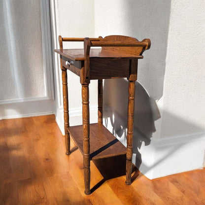 Antique Oak Washstand – 19th Century Early American Style Table w/ Towel Rack & Shelf, Farmhouse Accent