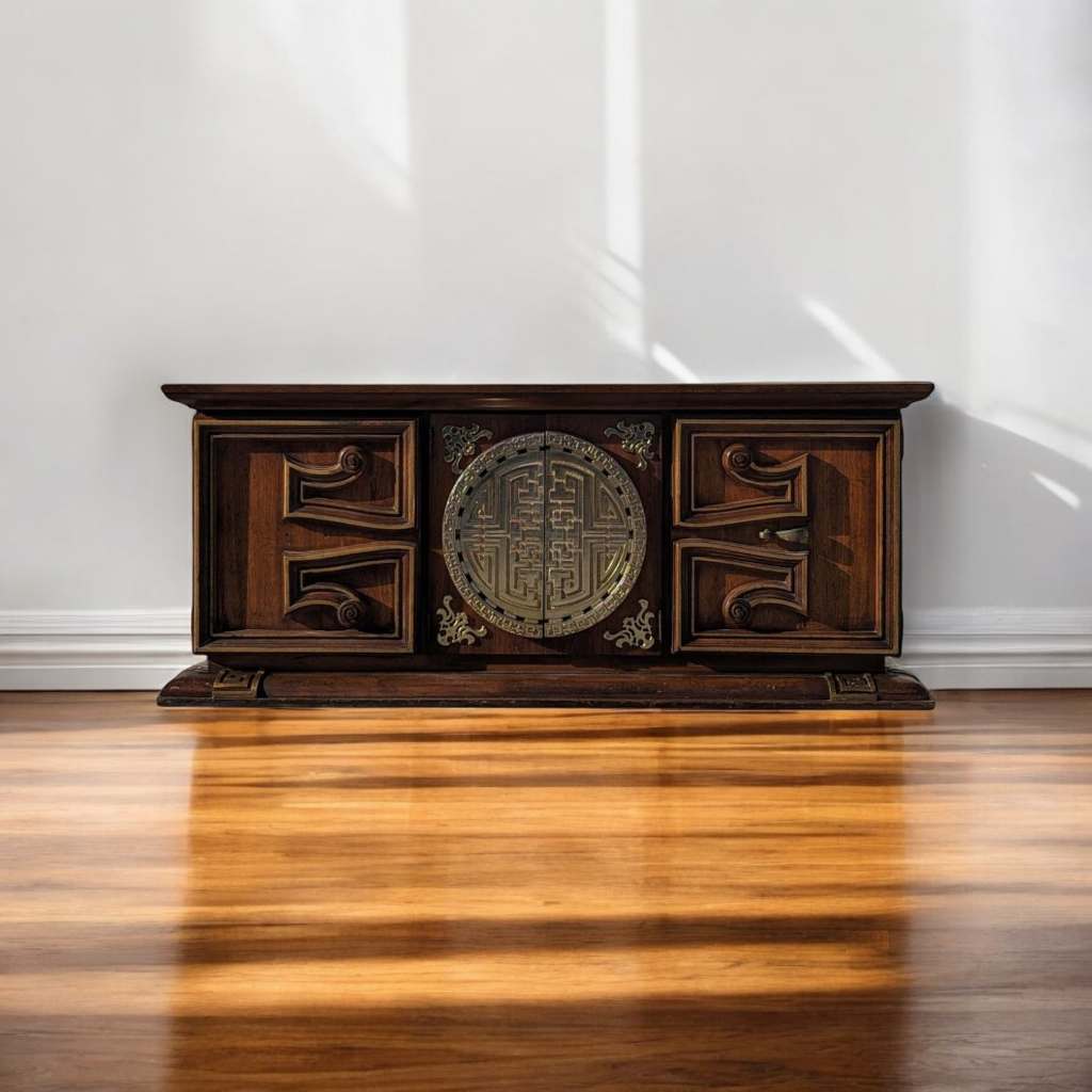1970s Wood and Brass Lowboy Credenza with Geometric Paneled Front — view 1 of 7