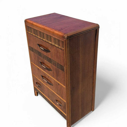 Art Deco Tallboy Waterfall Dresser – Vintage Wooden Dresser, Birds Eye Maple Drawers, Classic Storage Furniture