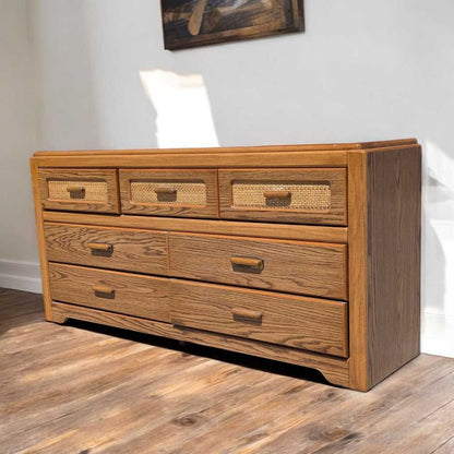 Vintage Laminate Dresser – Faux Oak Grain, Rattan Drawer Fronts, 6-Drawer Storage, 64" Long, 1980s Postmodern Style