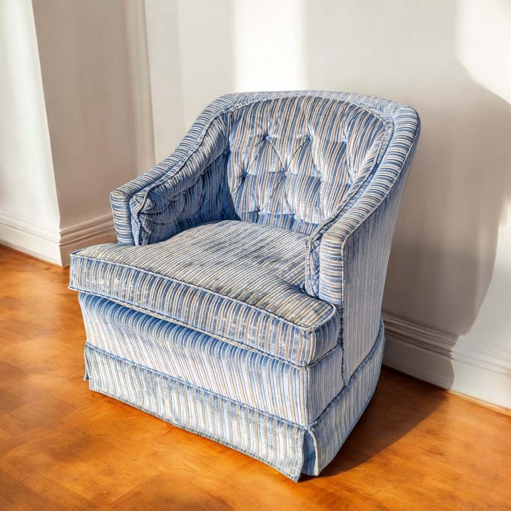 Vintage Blue Striped Velvet Swivel Lounge Chair, Late 20th Century — view 1 [CBV1 seDmQfmh8PmeMMHyzQFC 01 d175c36f-e845-4b48-a365-e9e9c493d8db.jpeg]