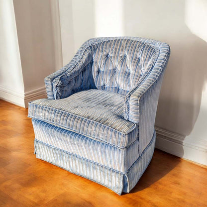Vintage Blue Striped Velvet Swivel Lounge Chair, Late 20th Century — view 1 [CBV1 seDmQfmh8PmeMMHyzQFC 01 d175c36f-e845-4b48-a365-e9e9c493d8db.jpeg]