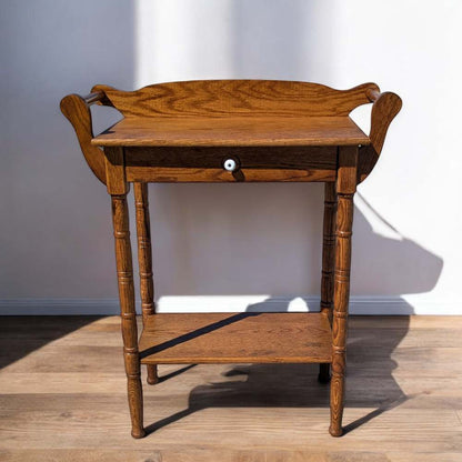 Antique Oak Washstand – 19th Century Early American Style Table w/ Towel Rack & Shelf, Farmhouse Accent