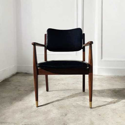 1950s Mid-Century Walnut Armchair by Gregson MFG Co | Italian Leather, Brass Accents, Modern Accent Chair