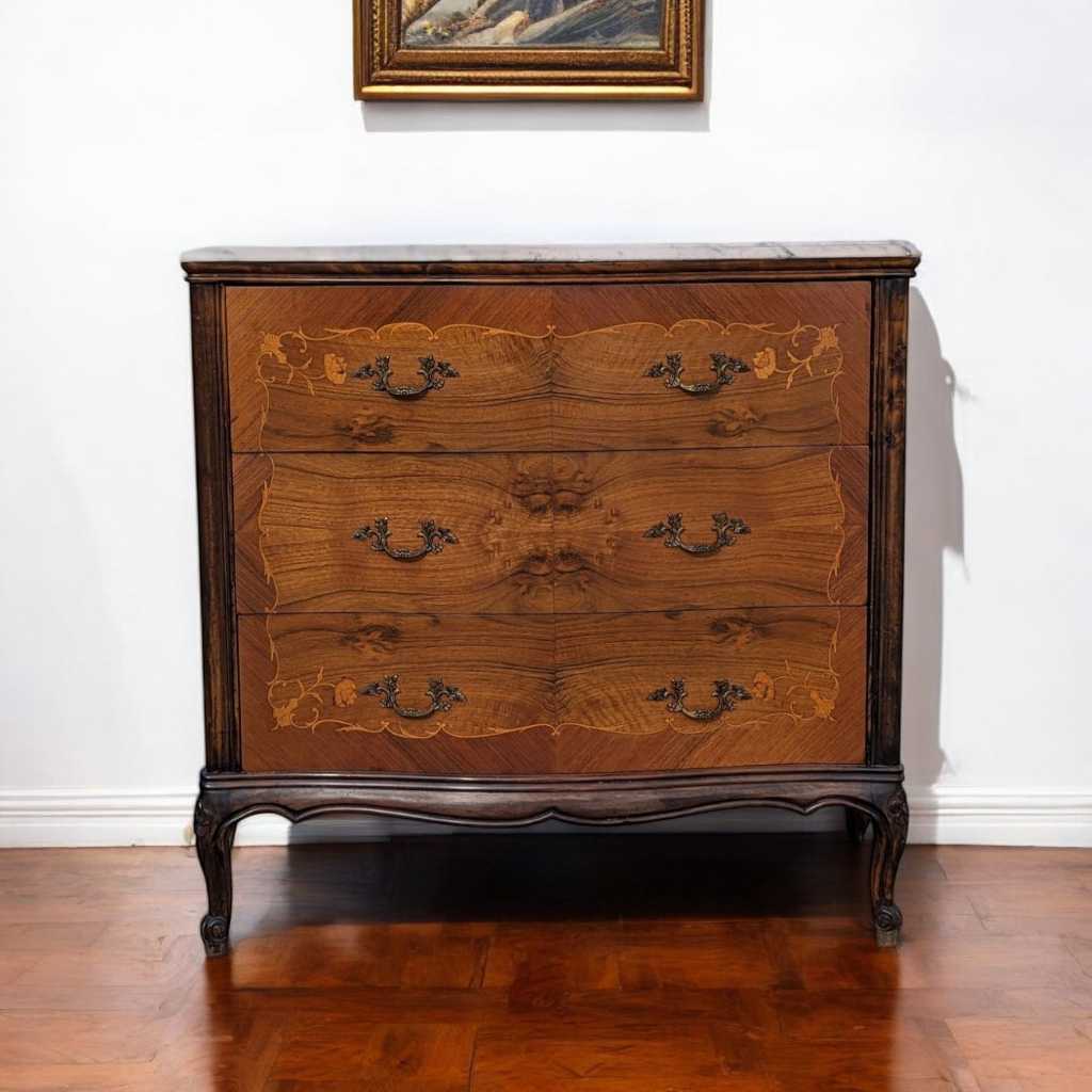 Vintage Louis XV Marble Top Commode – Bombe Chest w/ Drop Front Desk, Inlay Detail, French Style, 40" Wide