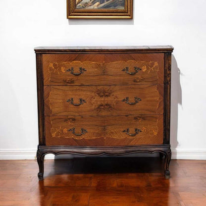 Vintage Louis XV Marble Top Commode – Bombe Chest w/ Drop Front Desk, Inlay Detail, French Style, 40" Wide
