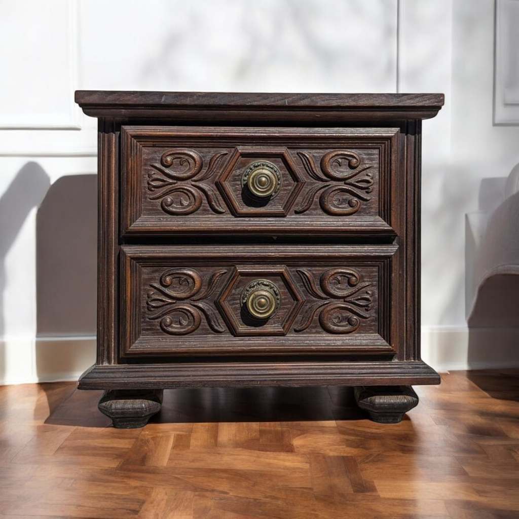 1970s Spanish Gothic Revival Carved Wood Nightstand with Brass Hardware — view 2 of 13