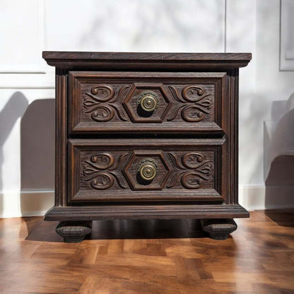 1970s Spanish Gothic Revival Carved Wood Nightstand with Brass Hardware — view 2 of 13
