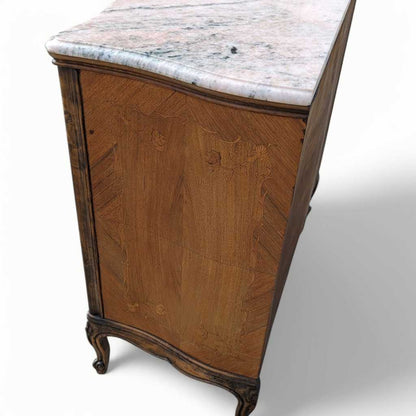 Vintage Louis XV Marble Top Commode – Bombe Chest w/ Drop Front Desk, Inlay Detail, French Style, 40" Wide