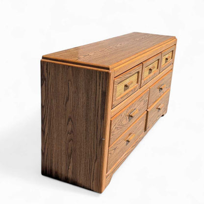 Vintage Laminate Dresser – Faux Oak Grain, Rattan Drawer Fronts, 6-Drawer Storage, 64" Long, 1980s Postmodern Style