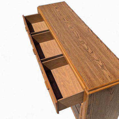 Vintage Laminate Dresser – Faux Oak Grain, Rattan Drawer Fronts, 6-Drawer Storage, 64" Long, 1980s Postmodern Style