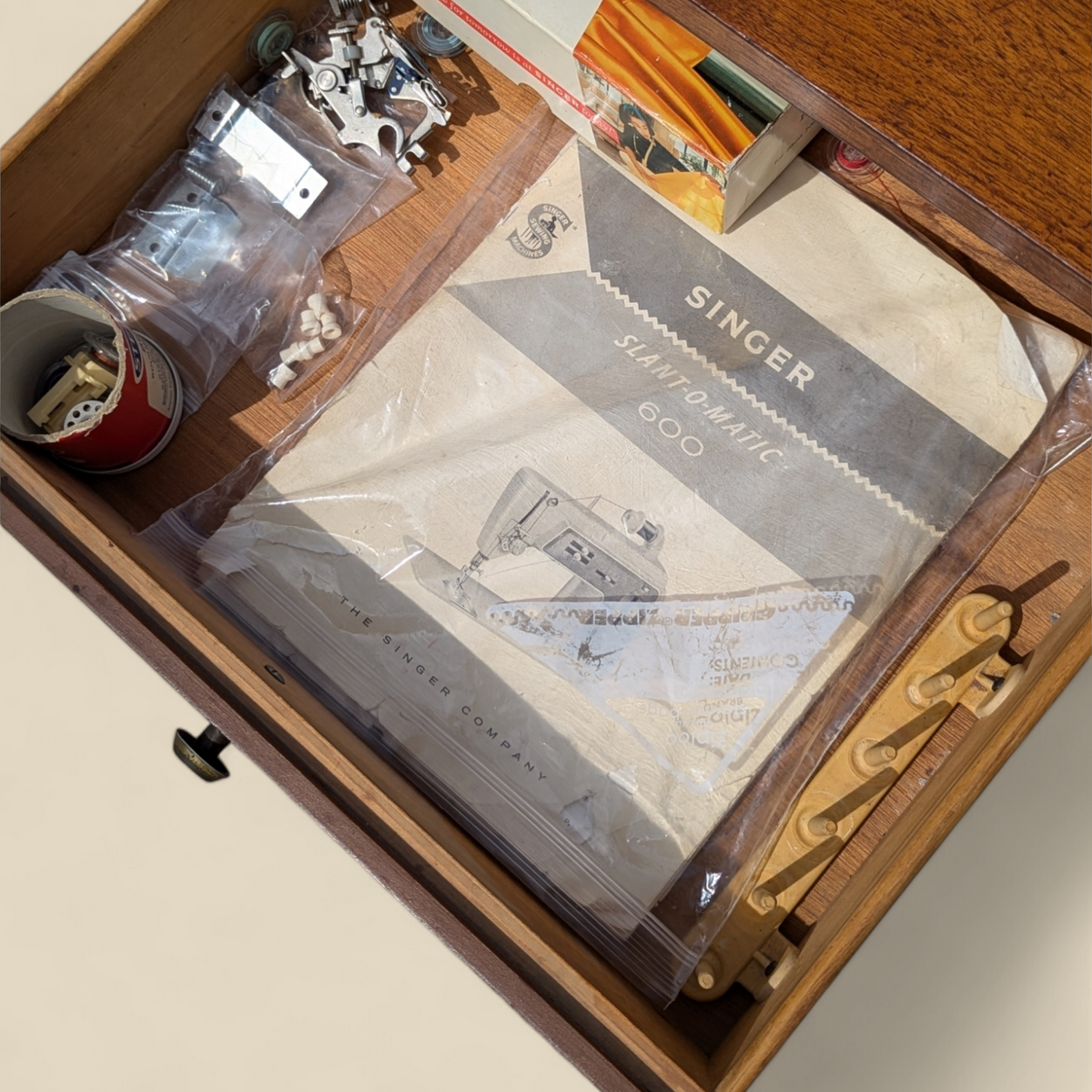 1966 Singer Slant-O-Matic 600 Sewing Machine in Mid-Century Wood Cabinet — view 5 of 18