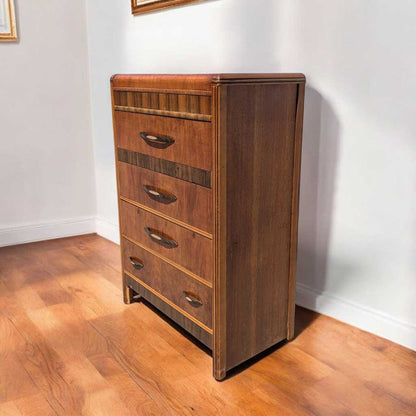 Art Deco Tallboy Waterfall Dresser – Vintage Wooden Dresser, Birds Eye Maple Drawers, Classic Storage Furniture