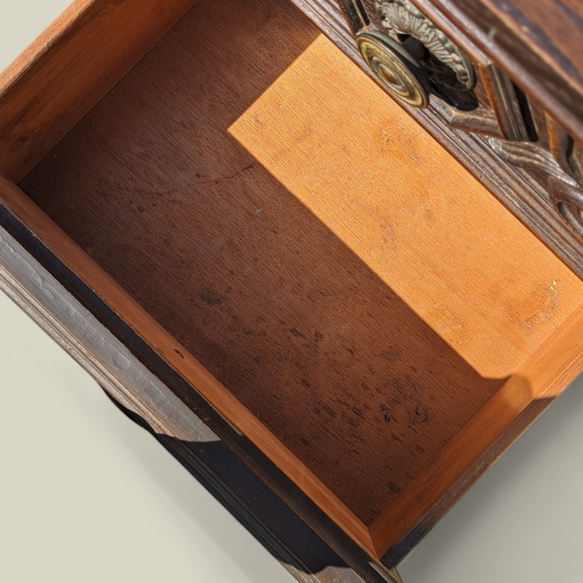 1970s Spanish Gothic Revival Carved Wood Nightstand with Brass Hardware — view 7 of 13