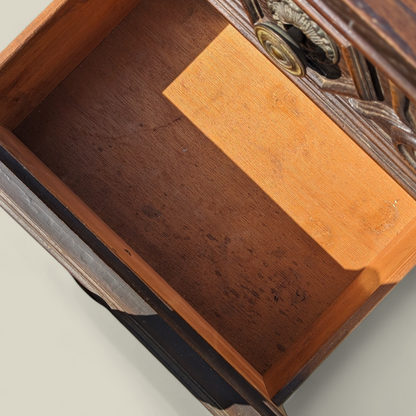1970s Spanish Gothic Revival Carved Wood Nightstand with Brass Hardware — view 7 of 13