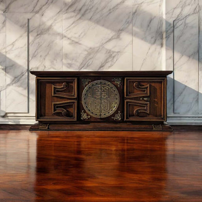1970s Wood and Brass Lowboy Credenza with Geometric Paneled Front — view 7 of 7