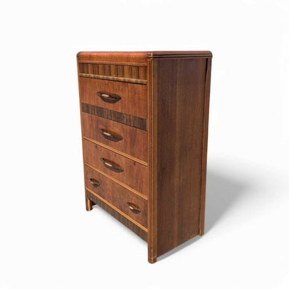 Art Deco Tallboy Waterfall Dresser – Vintage Wooden Dresser, Birds Eye Maple Drawers, Classic Storage Furniture