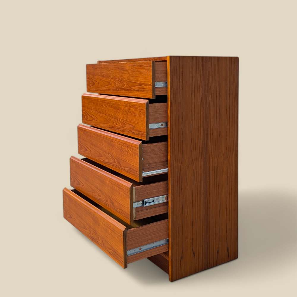 1960s Danish Modern Teak Five-Drawer Tallboy Dresser, Made in Denmark — view 9 [CBV1 IM0AA28QR54VCuTLu50N 09 e9b59458-47d1-4e21-aa3e-927eae92f7dd.jpeg]