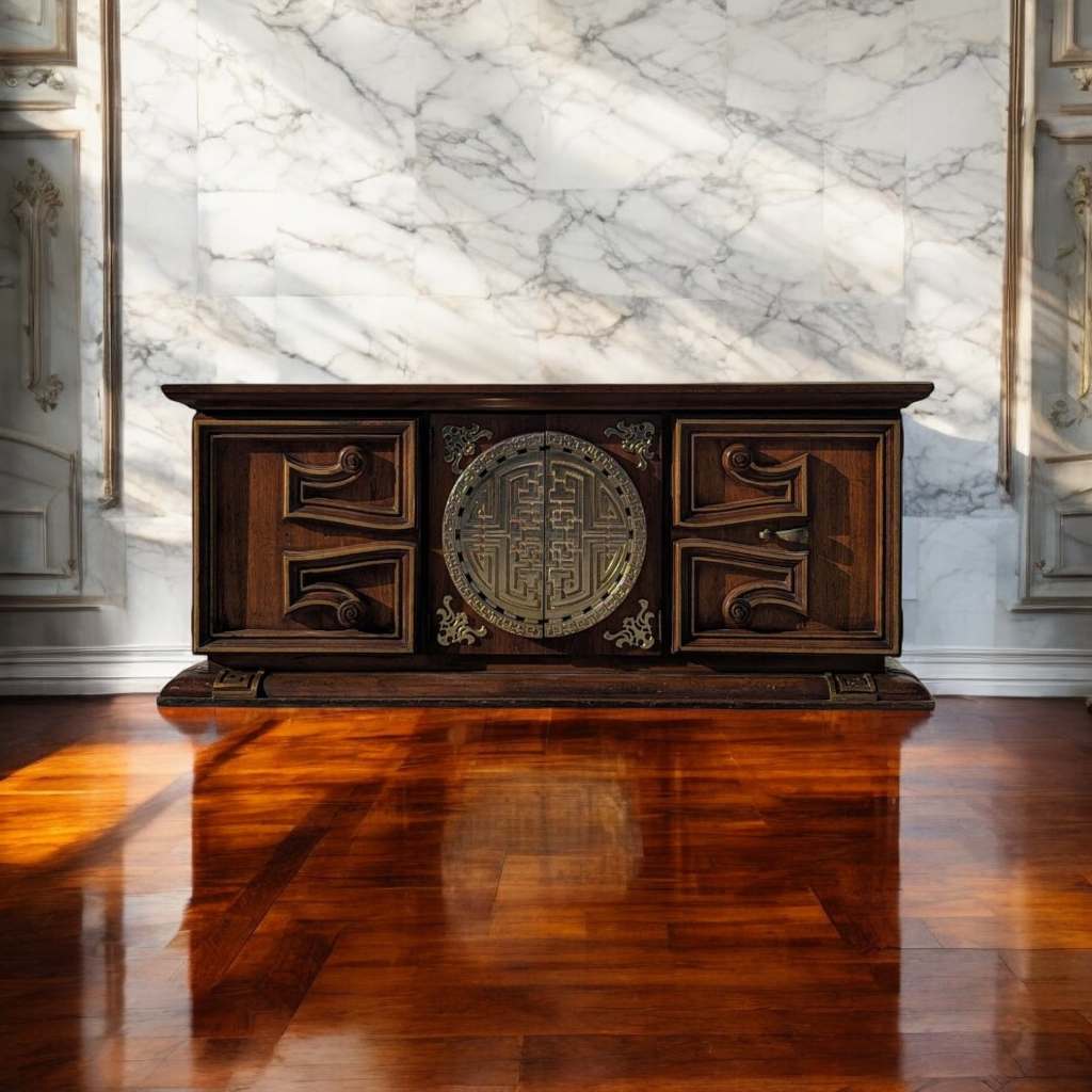 1970s Wood and Brass Lowboy Credenza with Geometric Paneled Front — view 4 of 7