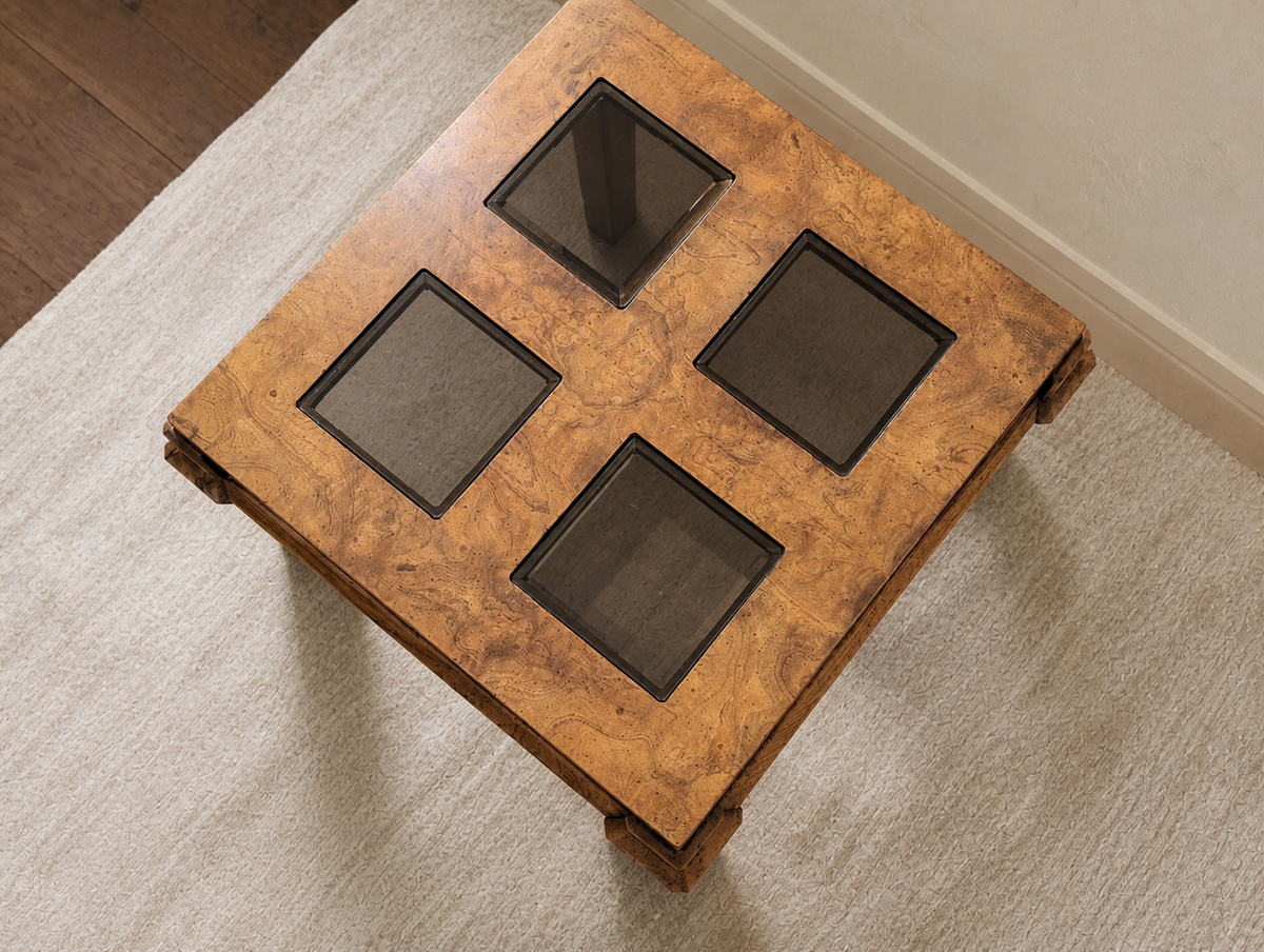 1970s Burl Wood and Smoked Glass Square Side Table — view 4 of 10