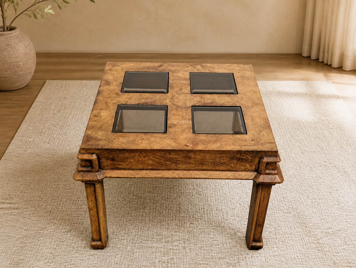 1970s Burl Wood and Smoked Glass Square Side Table — view 6 of 10