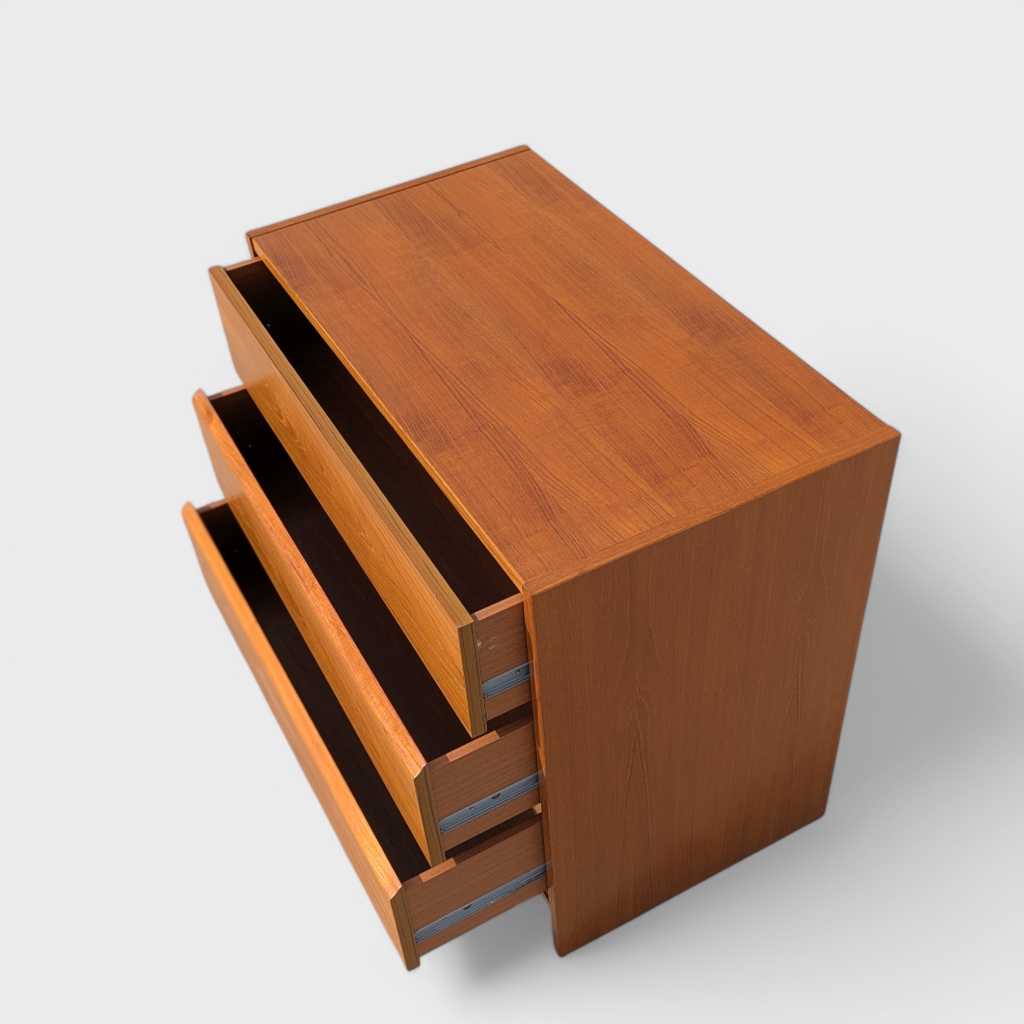 Petite Danish Modern Teak Three-Drawer Dresser or Nightstand — view 6 [CBV1 iOQGNgv78JjoM6W4YOFQ 06 f2d13218-ec0d-433c-a867-6cb92163f122.jpeg]