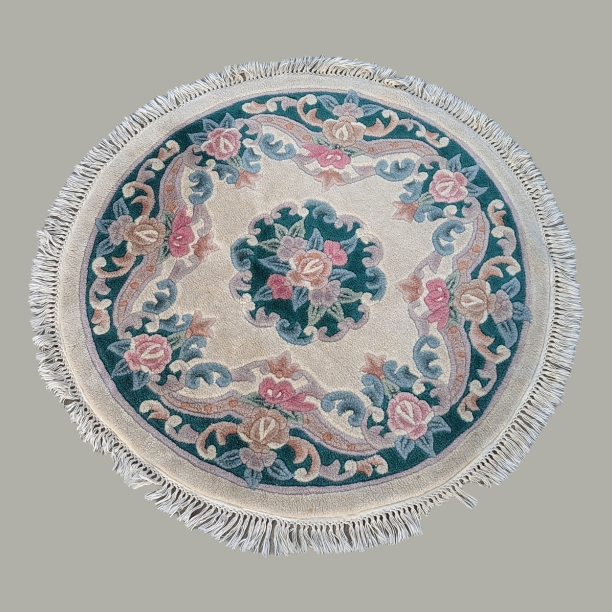Vintage 44-Inch Round Floral Fringed Rug — view 5 of 6