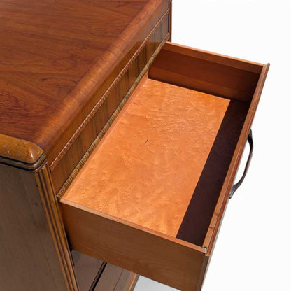 Art Deco Tallboy Waterfall Dresser – Vintage Wooden Dresser, Birds Eye Maple Drawers, Classic Storage Furniture