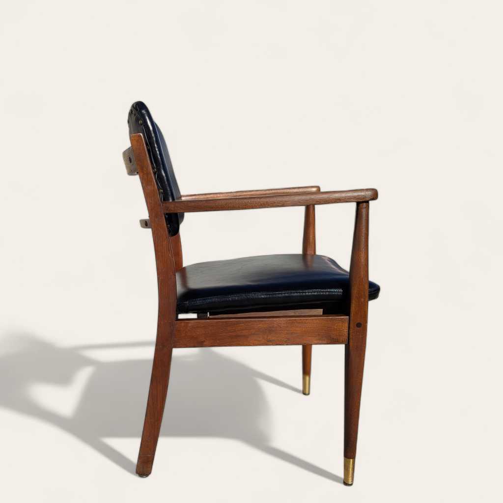 1950s Mid-Century Walnut Armchair by Gregson MFG Co | Italian Leather, Brass Accents, Modern Accent Chair