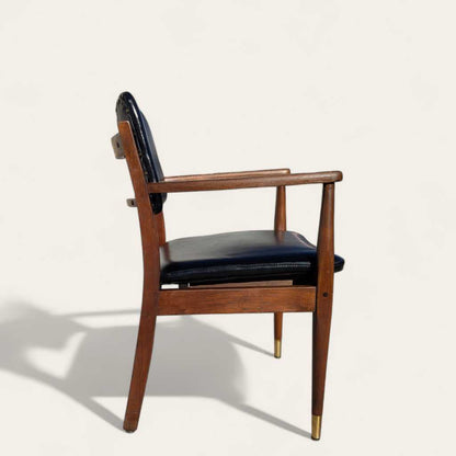 1950s Mid-Century Walnut Armchair by Gregson MFG Co | Italian Leather, Brass Accents, Modern Accent Chair