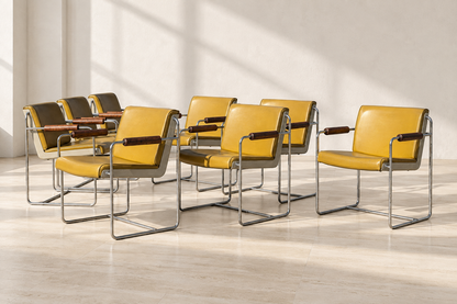 Set of Eight Krueger AFKA Guest Armchairs in Mustard Vinyl, Walnut and Chrome, c. 1969 — view 1 [CBV1 Psk2TxEkYHCK0rbpMgpe 01 next10h-Psk2TxEk-position-1-b5dc33c5-9181-4b1a-ba0d-6583208cd1b7.png]