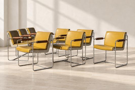 Set of Eight Krueger AFKA Guest Armchairs in Mustard Vinyl, Walnut and Chrome, c. 1969 — view 1 [CBV1 Psk2TxEkYHCK0rbpMgpe 01 next10h-Psk2TxEk-position-1-b5dc33c5-9181-4b1a-ba0d-6583208cd1b7.png]
