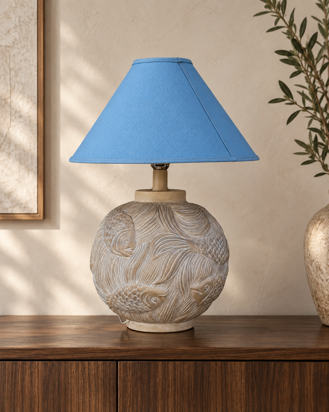 Vintage Postmodern Koi-Relief Table Lamp with Blue Shade — view 1 of 9