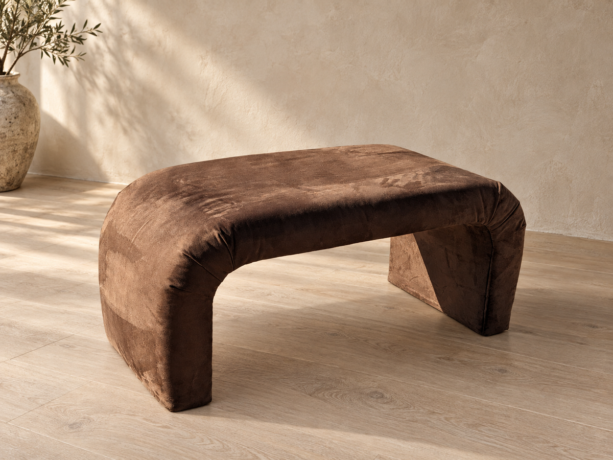 1980s Postmodern Brown Faux-Suede Waterfall Bench — view 1 of 6