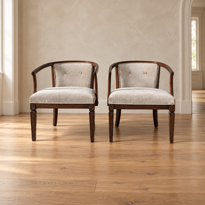 Pair of Vintage Curved Wood and Upholstered Barrel Armchairs — view 1 of 14