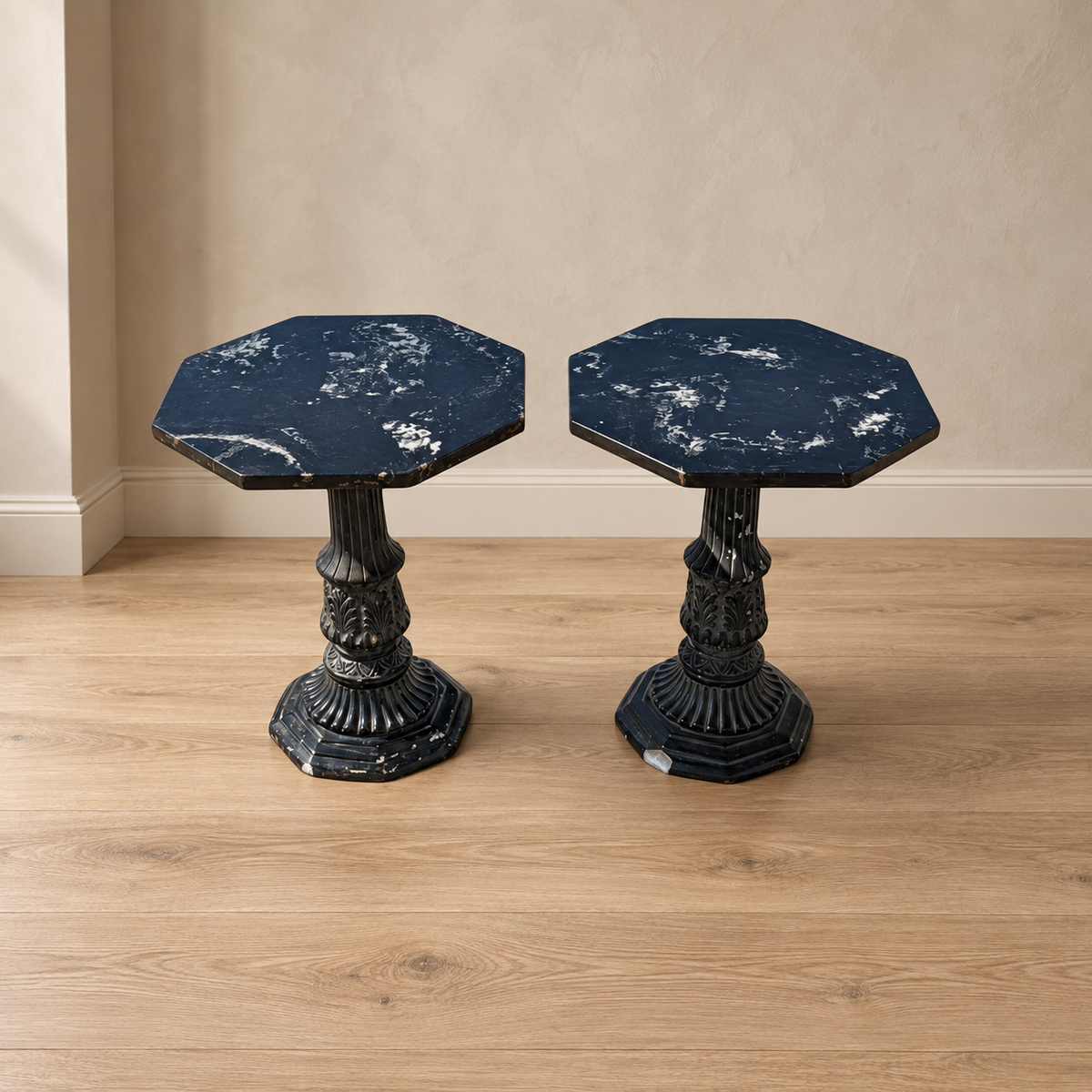 Pair of Black Marble-Top Gothic Revival Pedestal Tables — view 1 of 12