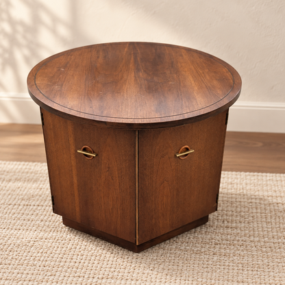 1970s Round Walnut Cabinet End Table with Storage — view 1 of 10