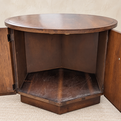 1970s Round Walnut Cabinet End Table with Storage — view 2 of 10