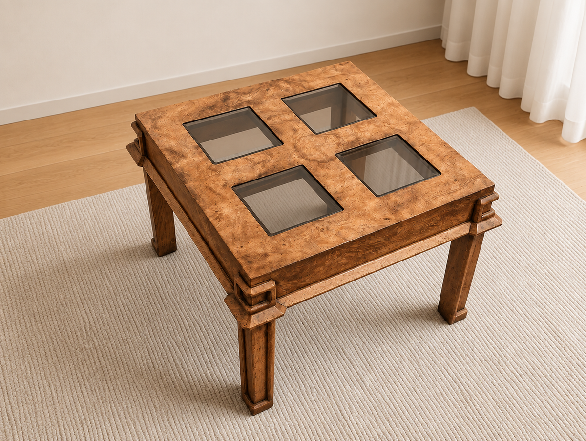 1970s Burl Wood and Smoked Glass Square Side Table — view 1 of 10