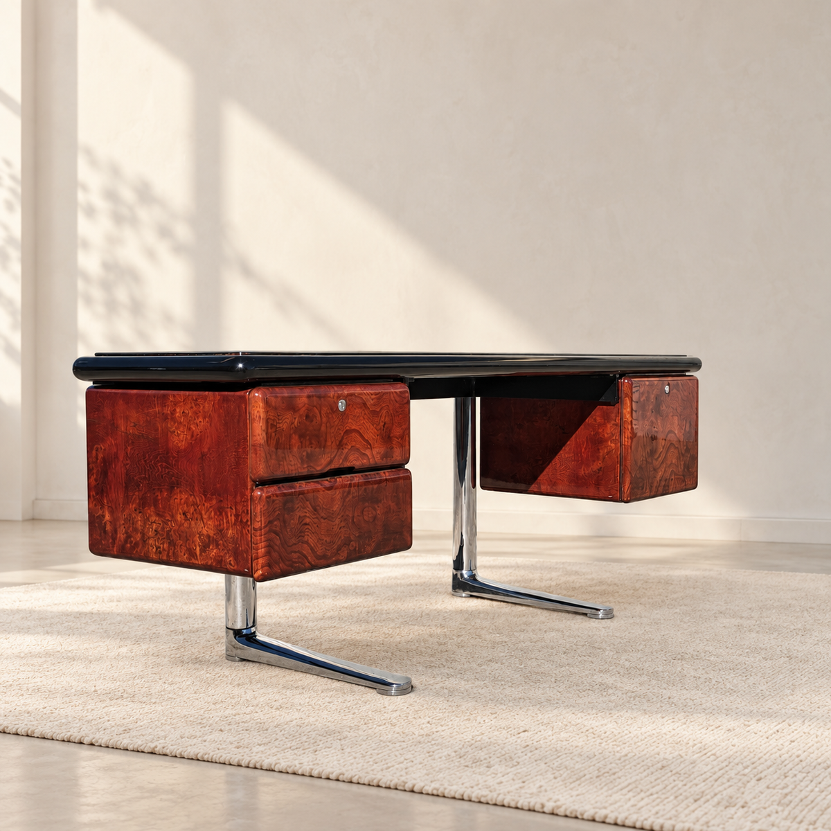 Warren Platner for Knoll 1970s Oak, Burl, Acrylic and Chrome Executive Desk — view 1 of 24