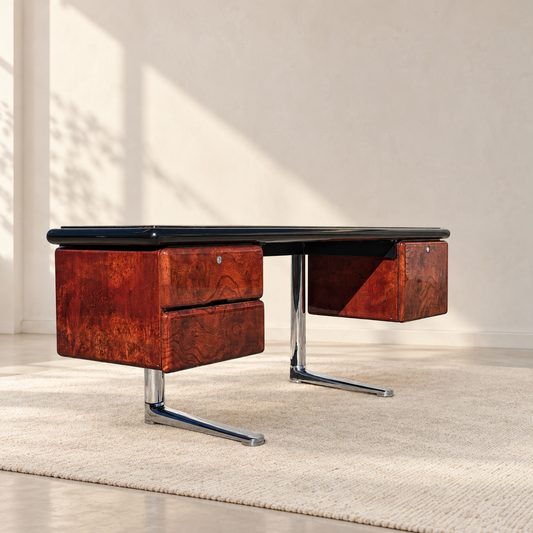 Warren Platner for Knoll 1970s Oak, Burl, Acrylic and Chrome Executive Desk — view 1 of 24