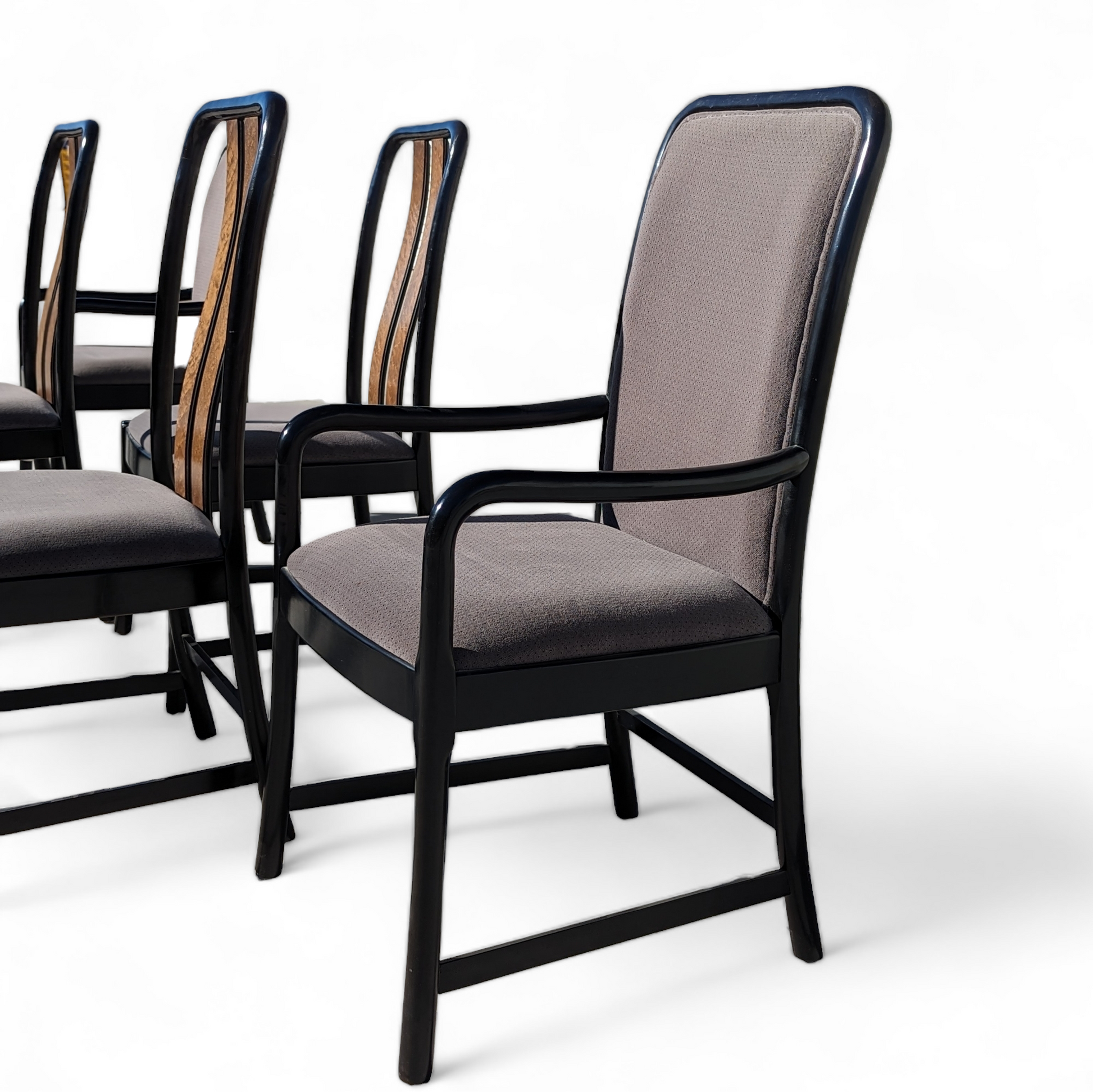 Six Postmodern Dining Chairs by Bernhardt, Black Lacquer, Birdseye Maple, Wood Frames, Dining Room