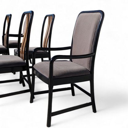 Six Postmodern Dining Chairs by Bernhardt, Black Lacquer, Birdseye Maple, Wood Frames, Dining Room